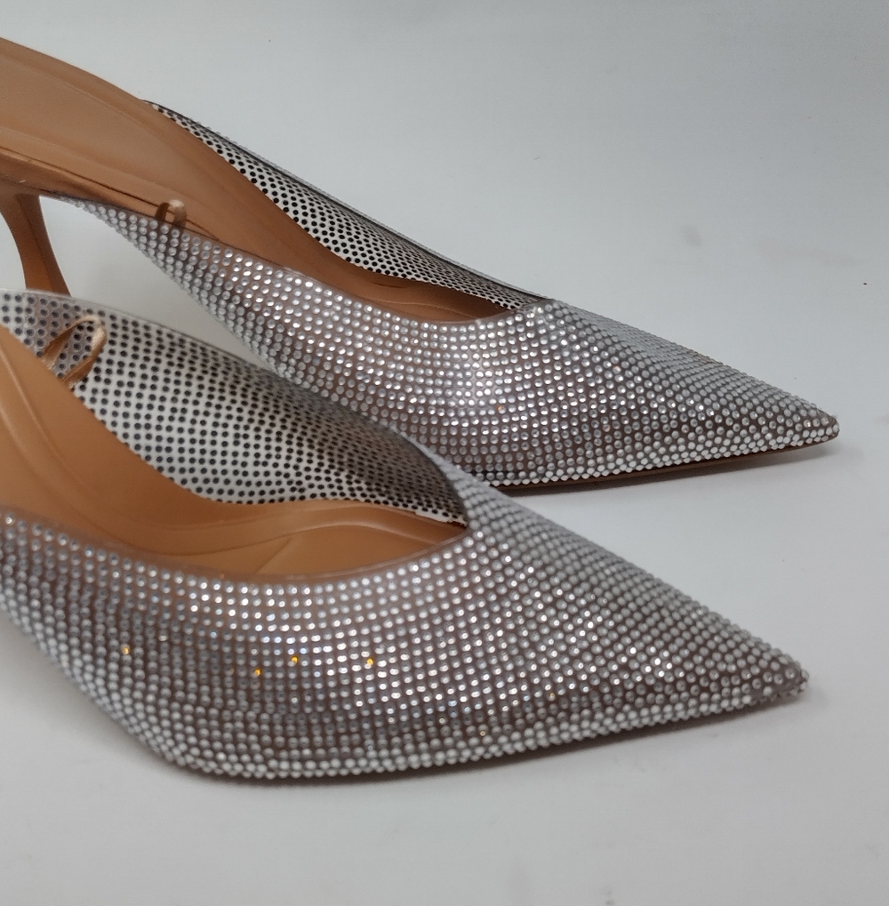 Zara Silver Rhinestone Pointed Toe Kitten Heel Mules - Picture 4 of 8